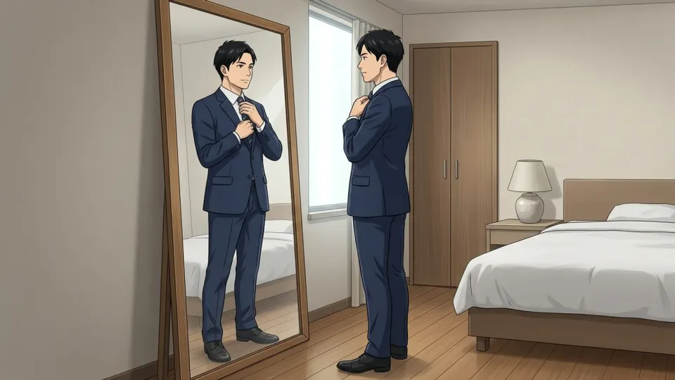 面接のためにきちんとしたスーツを着る男性