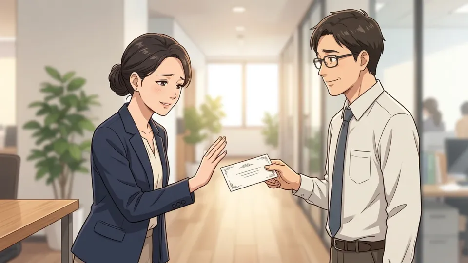 社員が予定の重複を理由に招待を丁重に断っている場面
