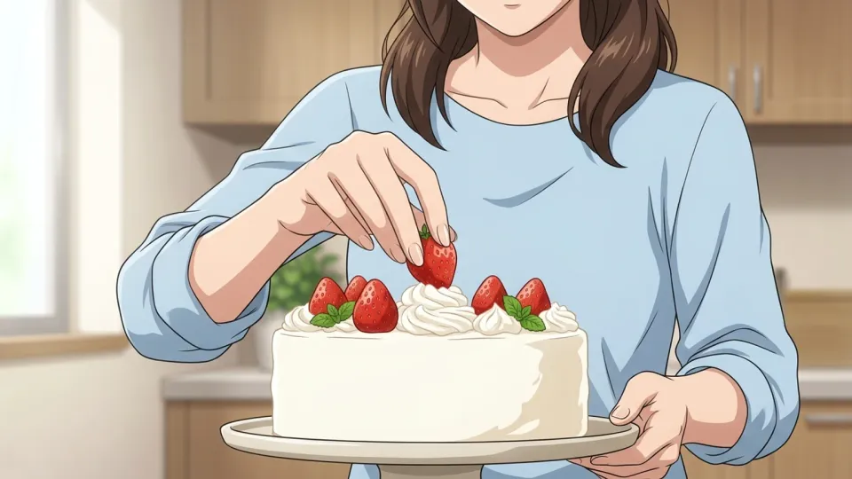 ケーキの装飾をしている女性