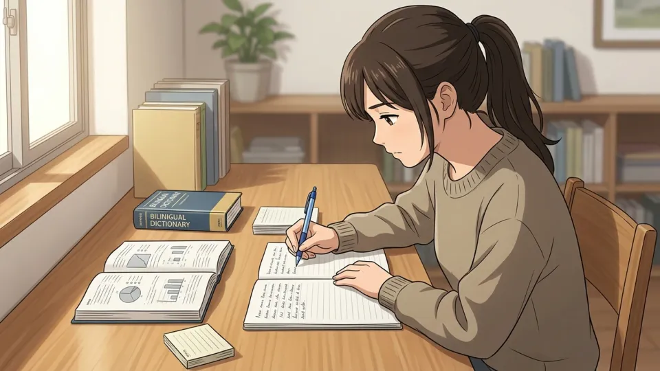 机に向かって熱心にノートに書き込み、日本語の勉強に時間を捧げている女性のイラスト