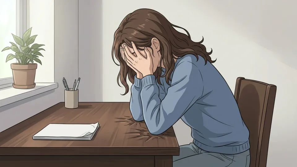 机に突っ伏して深く後悔している女性