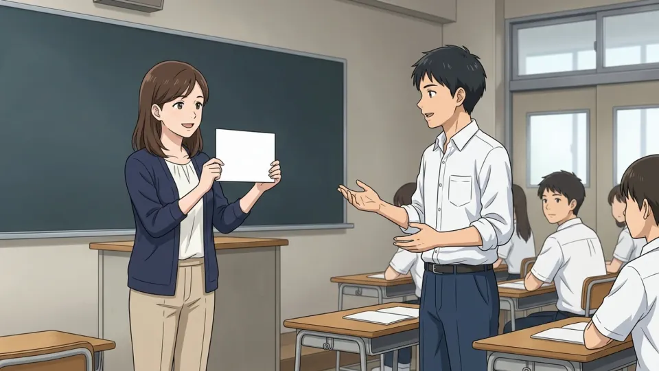 先生が用語を定義するように指示し、生徒がノートに意味を書き込んでいる