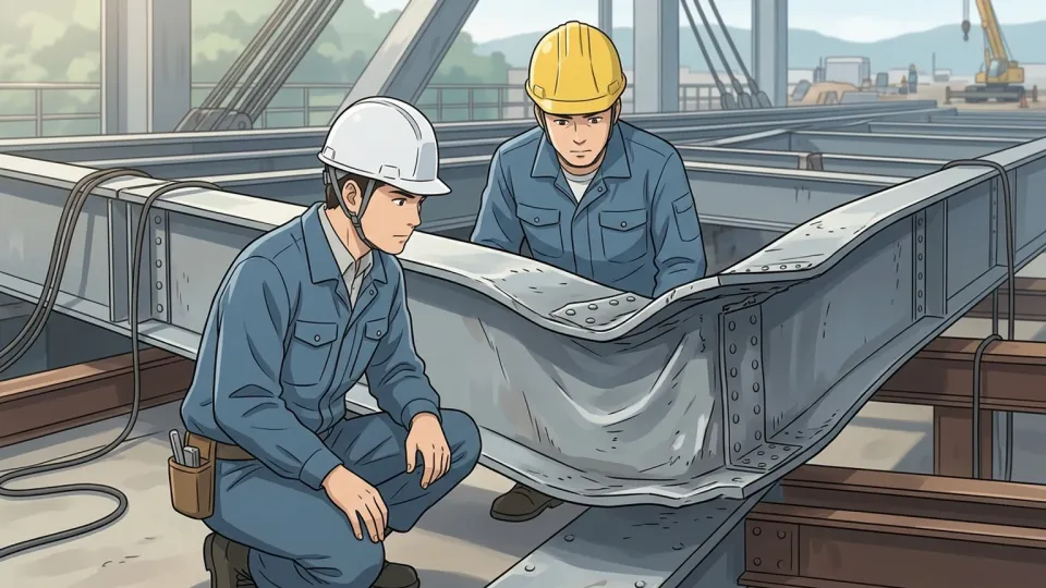 橋の鉄骨の変形を調べる技術者たち