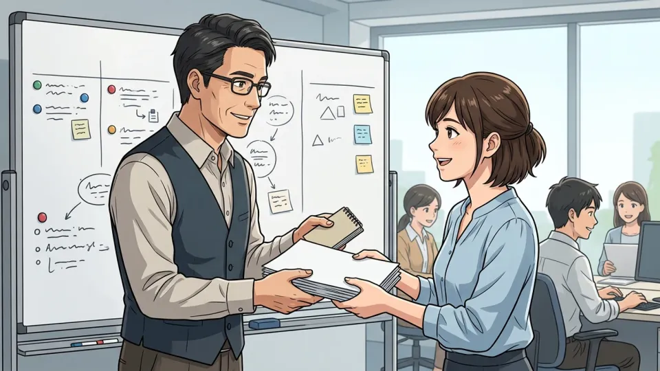 管理職が定型業務を適任のチームメンバーに任せている場面