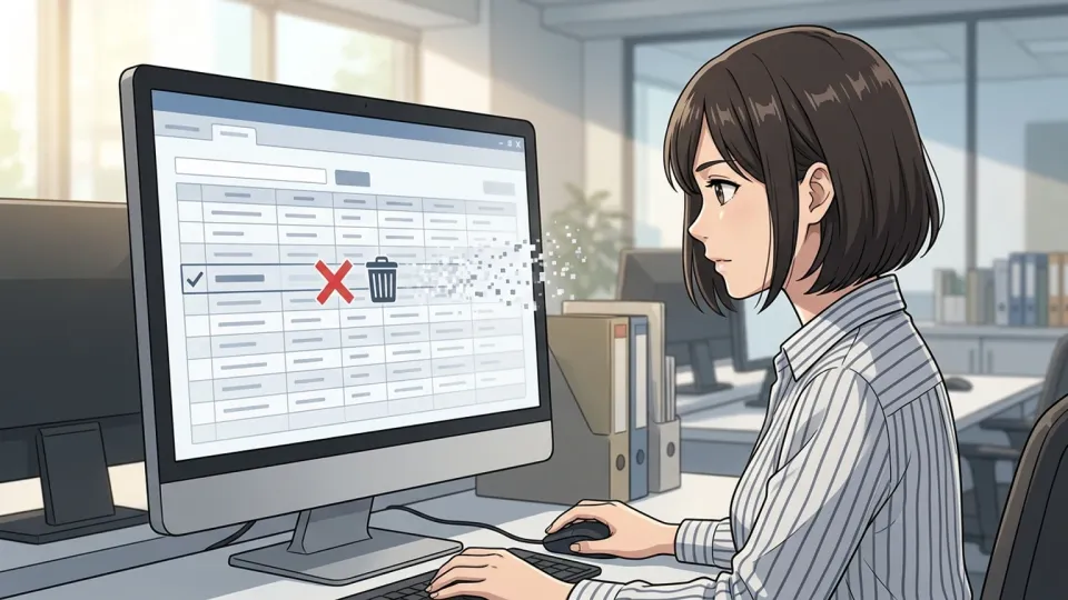 データ管理者が画面上の重複した顧客レコードを選択し、削除操作を確認している様子