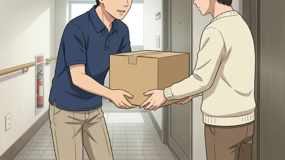 オフィスで荷物を受け取る様子