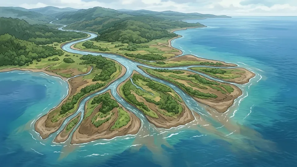 川が海に流れ込む場所に形成された三角州の風景。