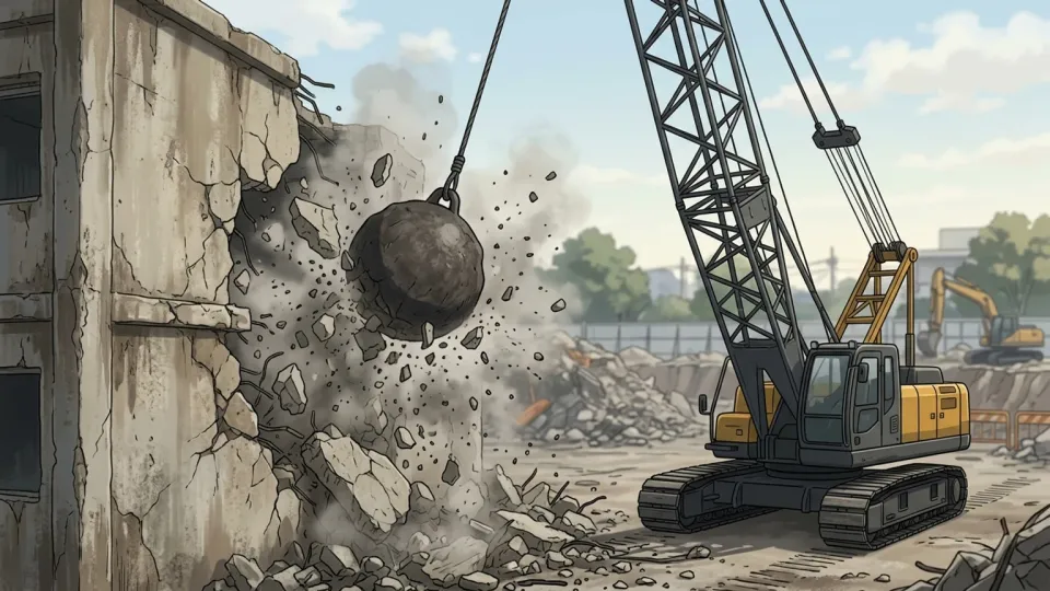 古いコンクリートの建物をクレーンで解体している場面