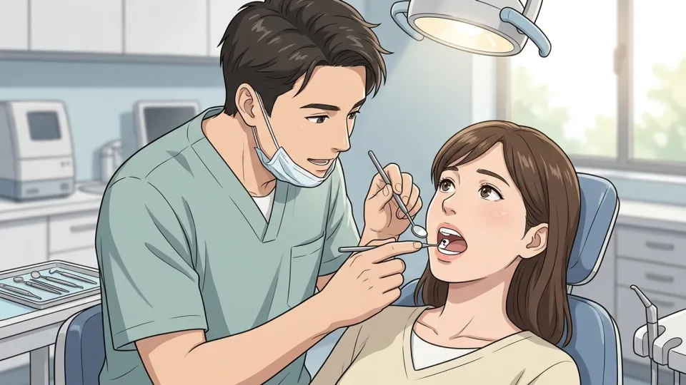 歯科医が検診中に患者の小さな虫歯を見つけた様子