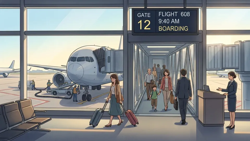 空港の12番搭乗口で、午前9時40分発の608便に乗る乗客が搭乗し、機体が出発準備をしている様子