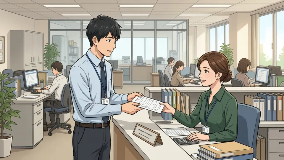 社員が経理部門の担当者に申請書を渡している