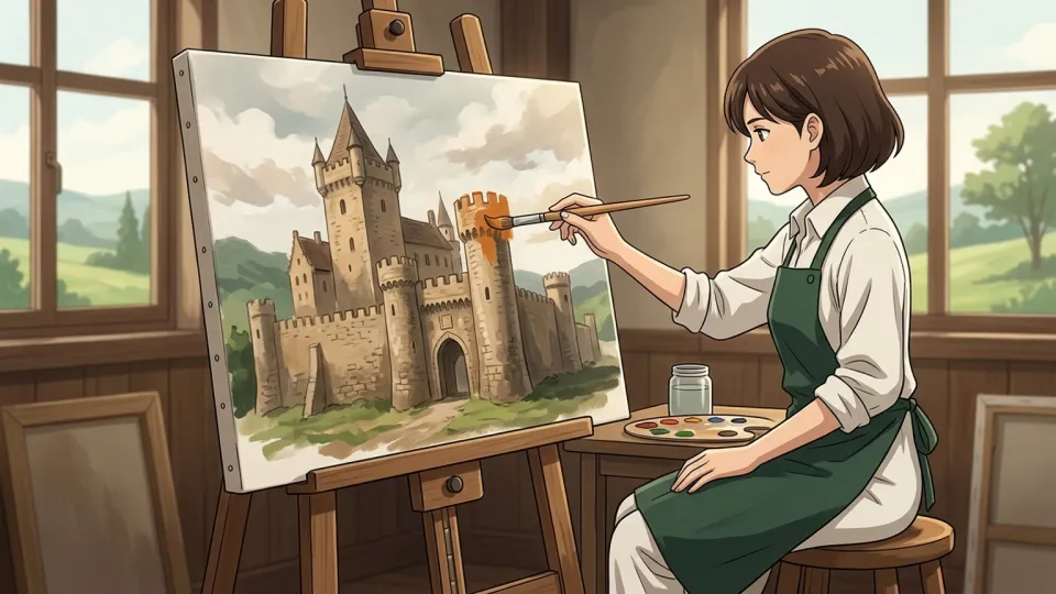 画家がキャンバスに城を描いている様子