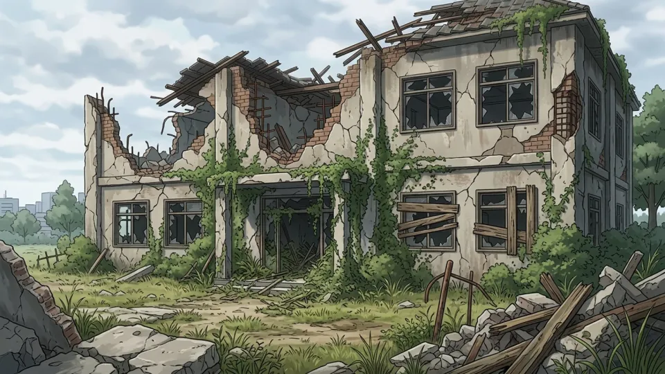 崩れかけてゴミが散乱している荒廃した古い建物