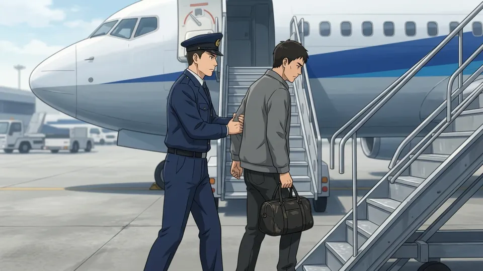 空港で強制送還される男性と職員を描いたイラスト