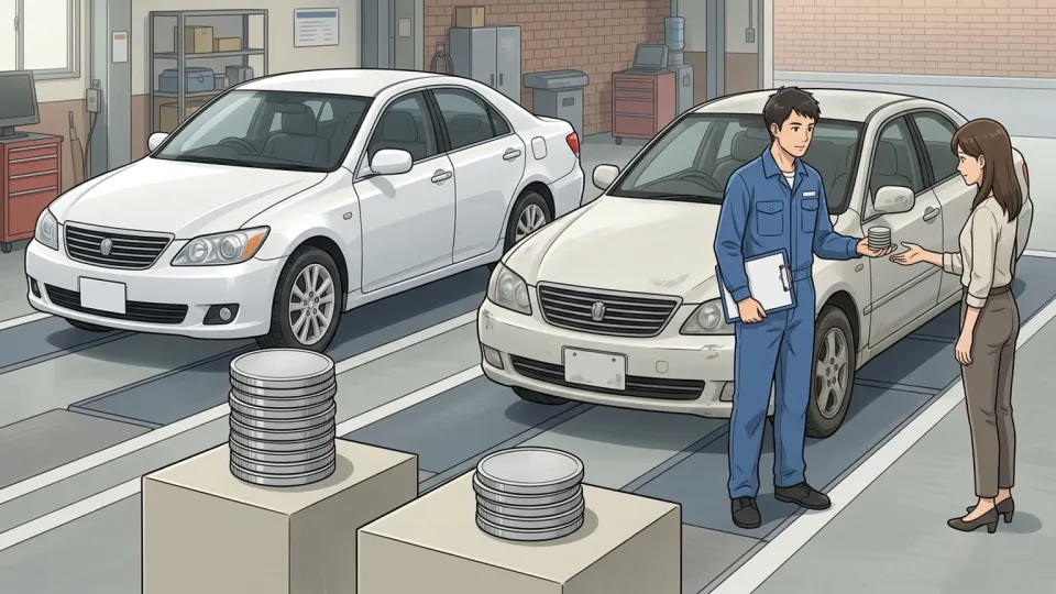 同じ社用車が新品から使用済みへ変化し、対応する硬貨の山が小さくなる経過を示す場面