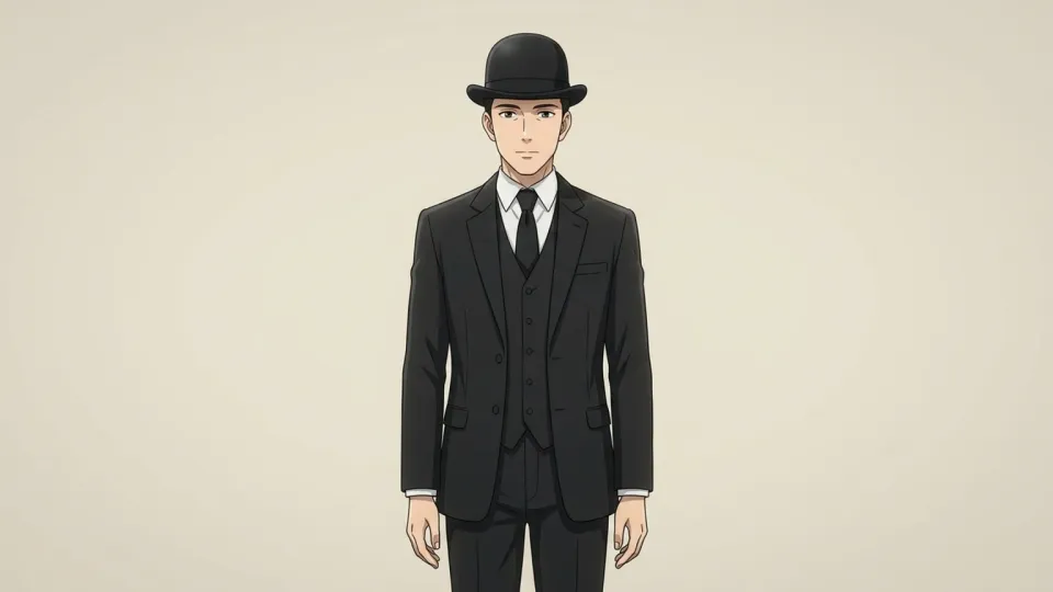 正装した紳士が黒い山高帽を被っている