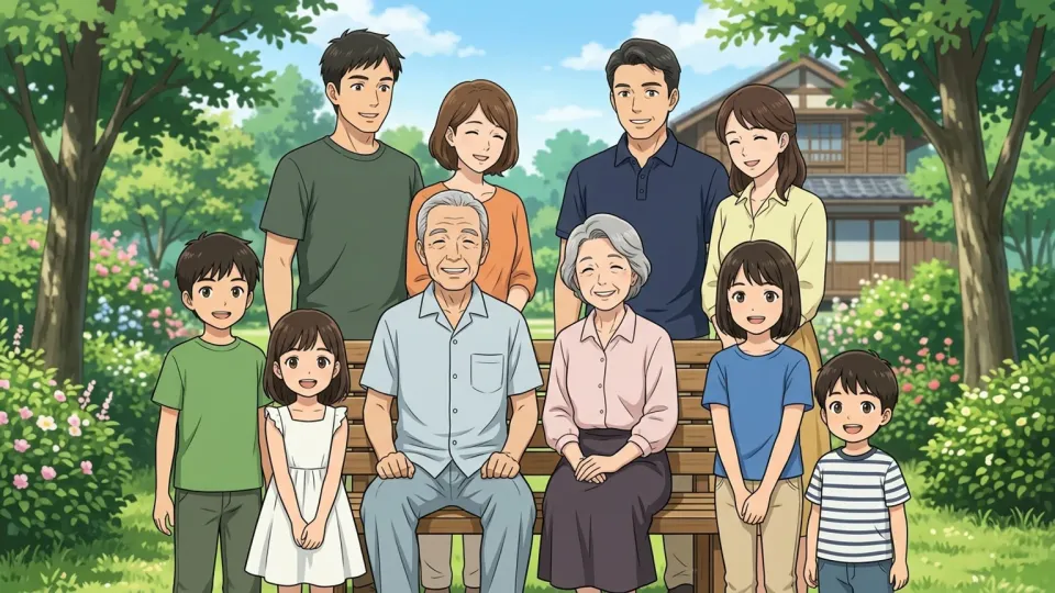 三世代の家族が庭に集まっている様子