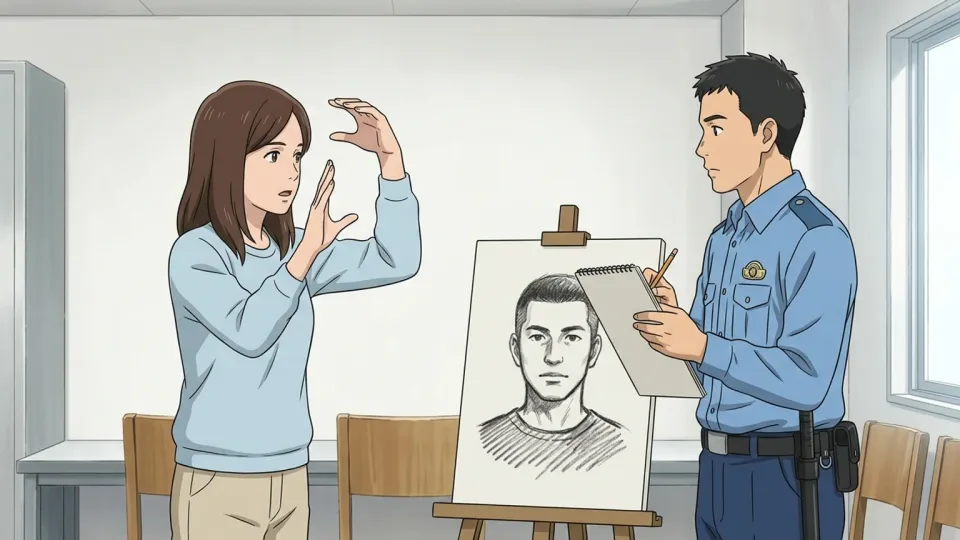 目撃者が容疑者の特徴を警察官に説明しているイラスト
