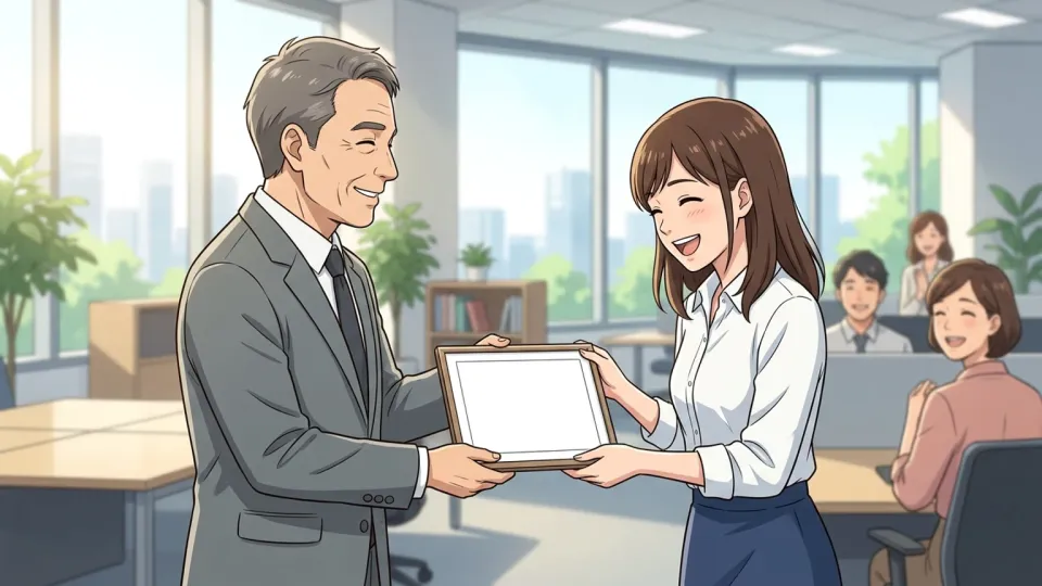 女性が賞状を受け取って喜んでいるイラスト