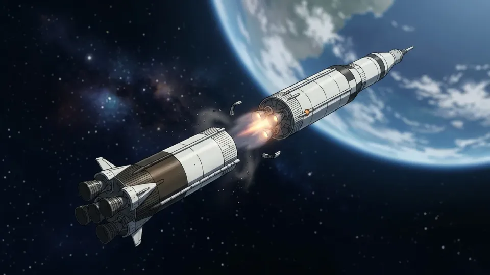 ロケットからブースターが切り離される瞬間