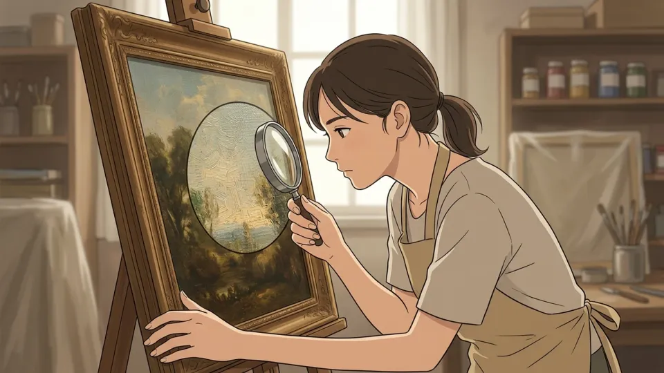 女性が絵画の細部をルーペで観察している様子