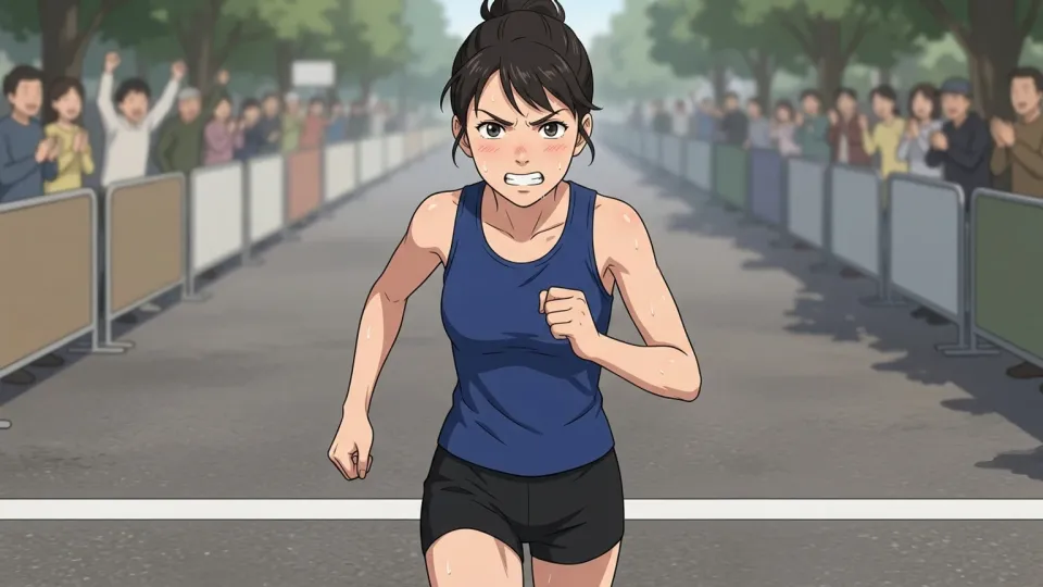 マラソンを完走しようとする強い決意を見せる女性。