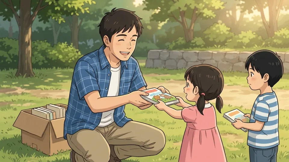 子供たちに本を配る男性のイラスト