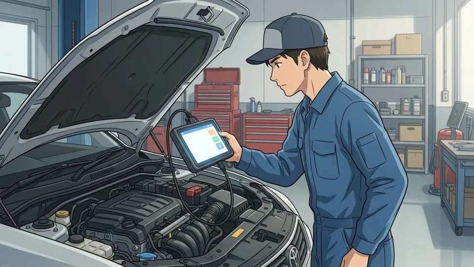 技術者が診断ソフトで車のエンジン故障を特定している