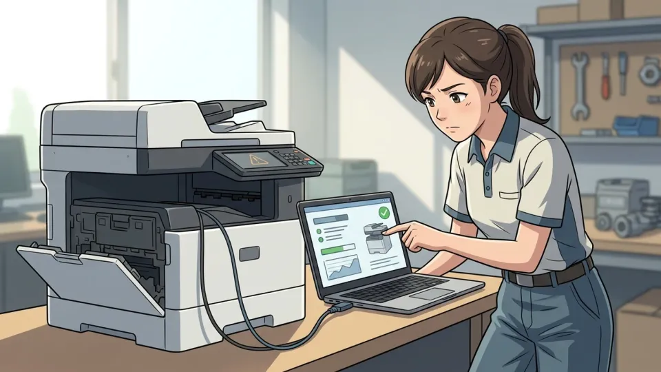 プリンターに診断テストを実行する技術者