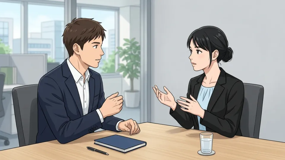2人のマネージャーがプロジェクトについて対話している様子。