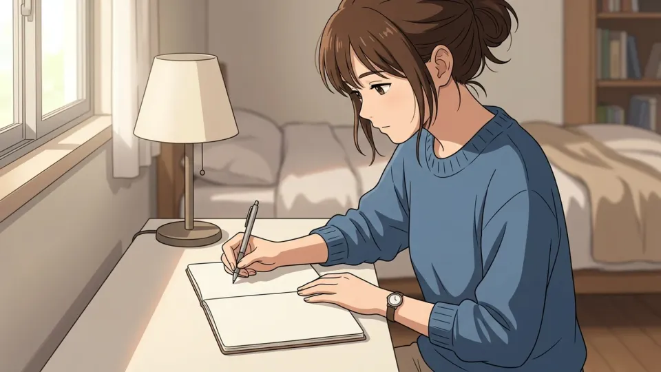 女性がノートにペンで文字を書いているイラスト