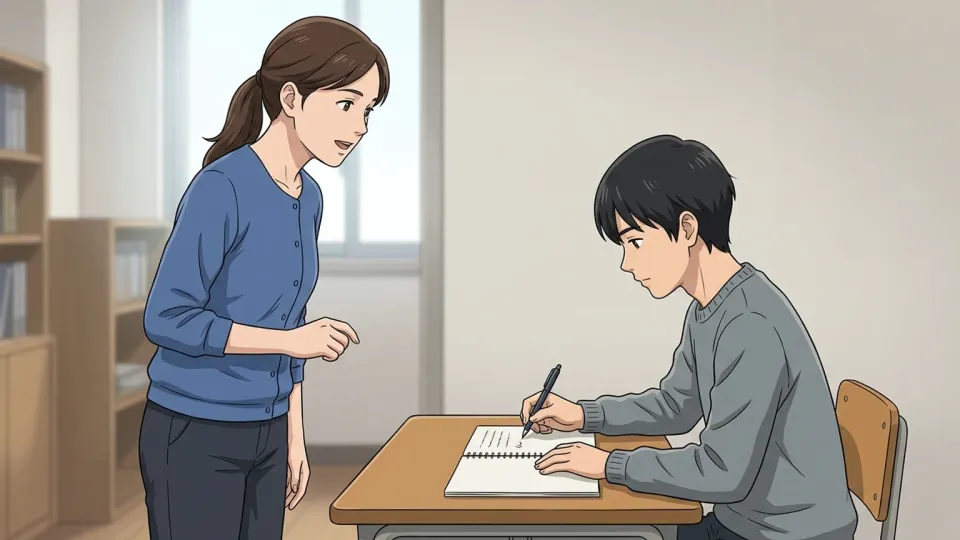 女性が話しかけ、相手がメモ用紙に書き留めている場面