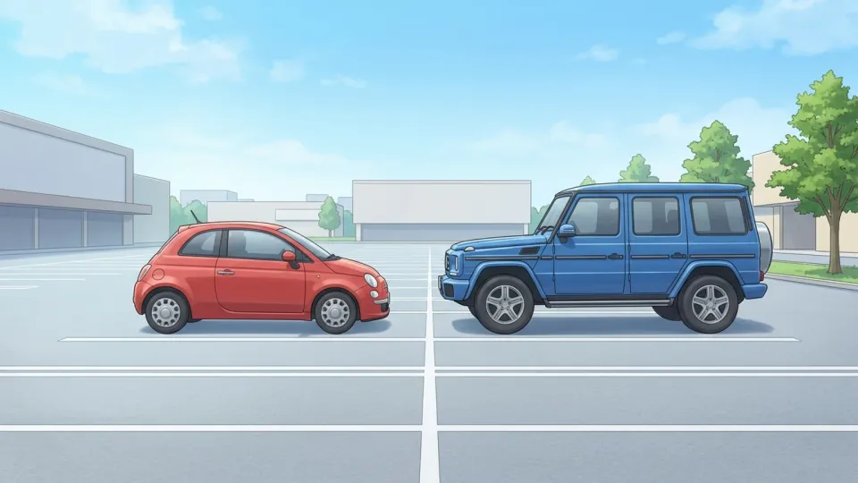 色と形が異なる2台の車が並んで駐車している場面