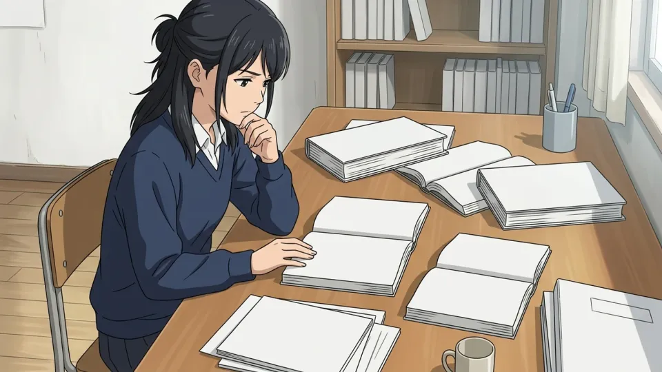机に向かって資料を熟考する学生のイラスト