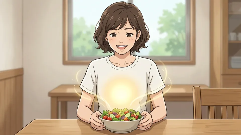 新鮮な野菜を食べた後に健康的に微笑む人物のイラスト