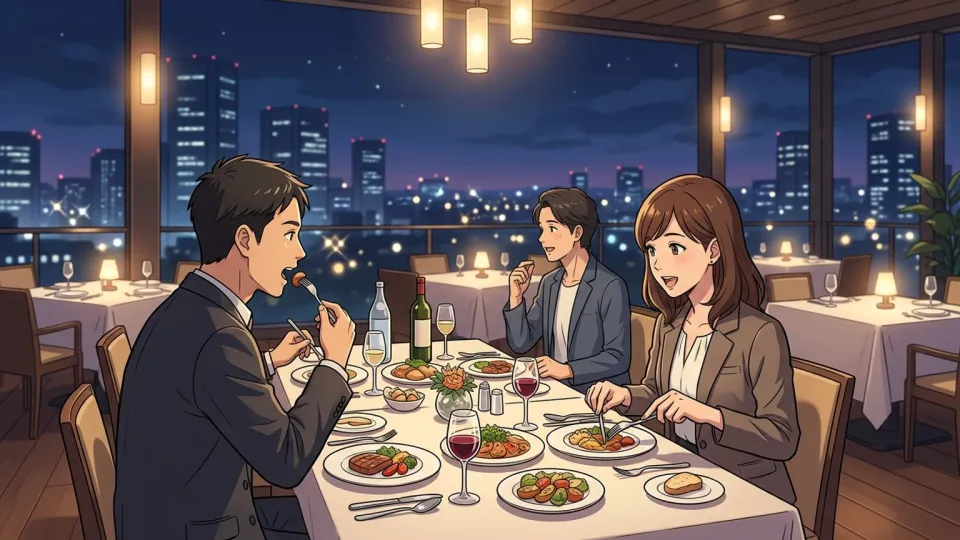 夜のホテル屋上レストランで、会議参加者たちがテーブルを囲んで夕食を取っている様子
