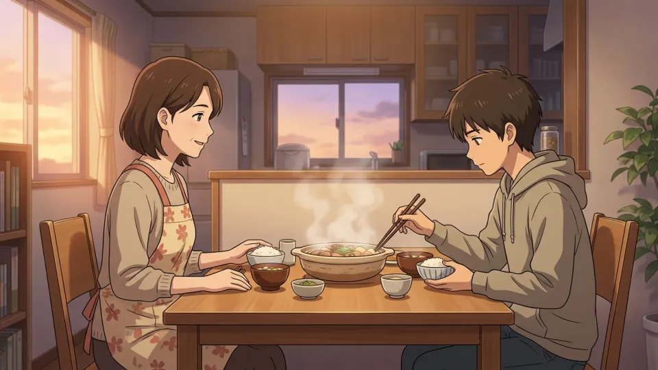 食卓を囲んで夕食をとる家族