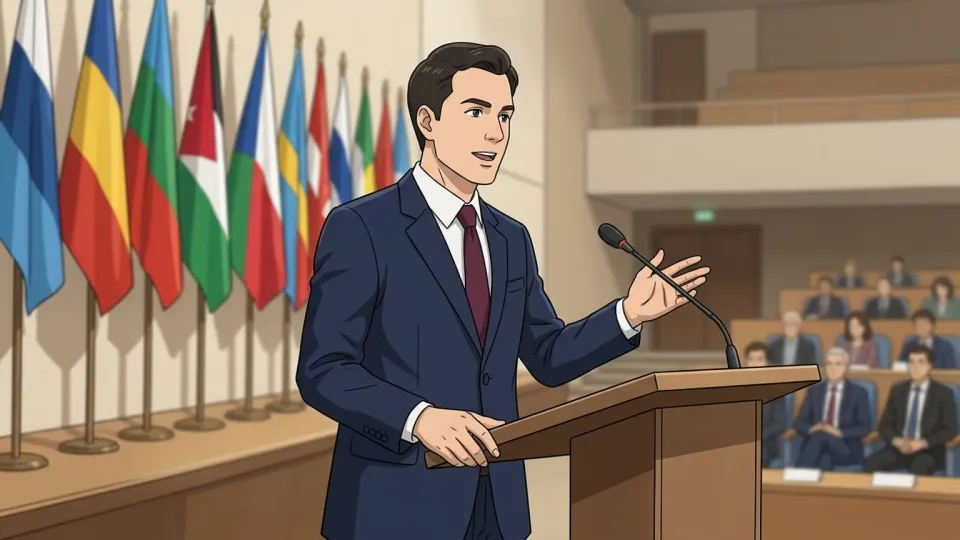 国際会議の壇上で演説するスーツ姿の外交官