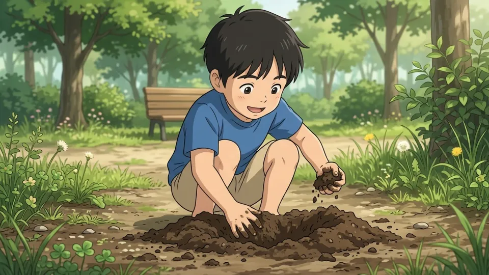 公園で土遊びをする子供たち