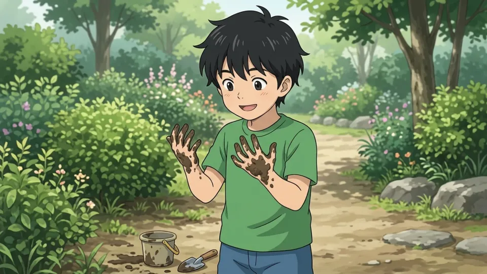 庭で遊んで泥だらけになった手