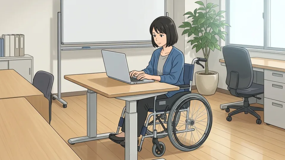 オフィスで車椅子を使って働く従業員