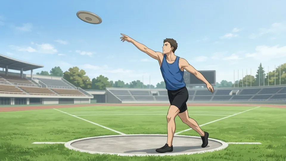 フィールドで円盤を投げる選手