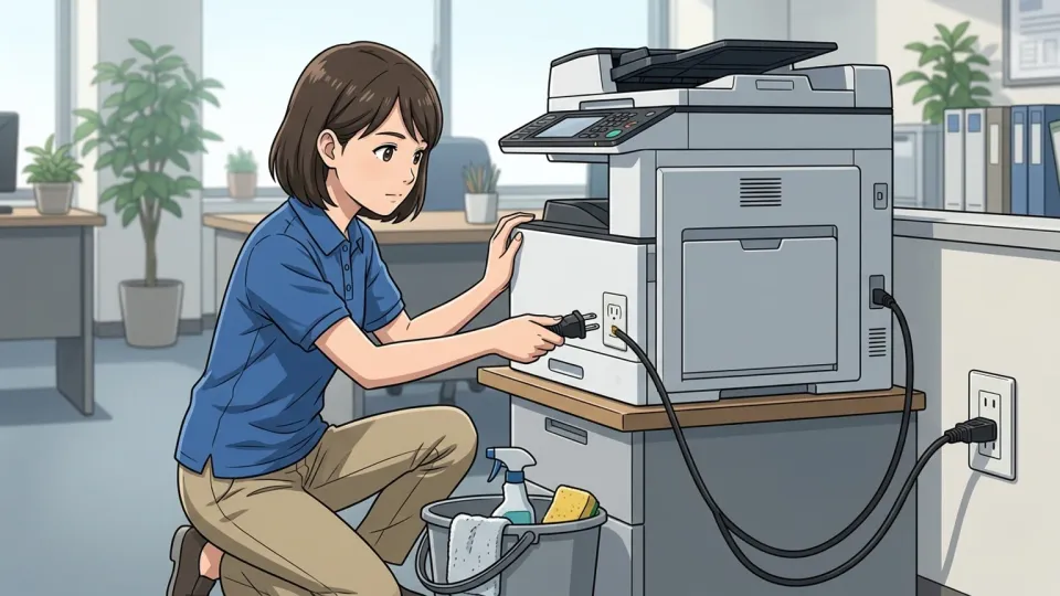 清掃前にプリンターを電源から切り離す作業員