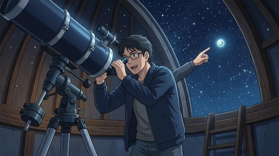 科学者が望遠鏡で新しい惑星を見つけているイラスト