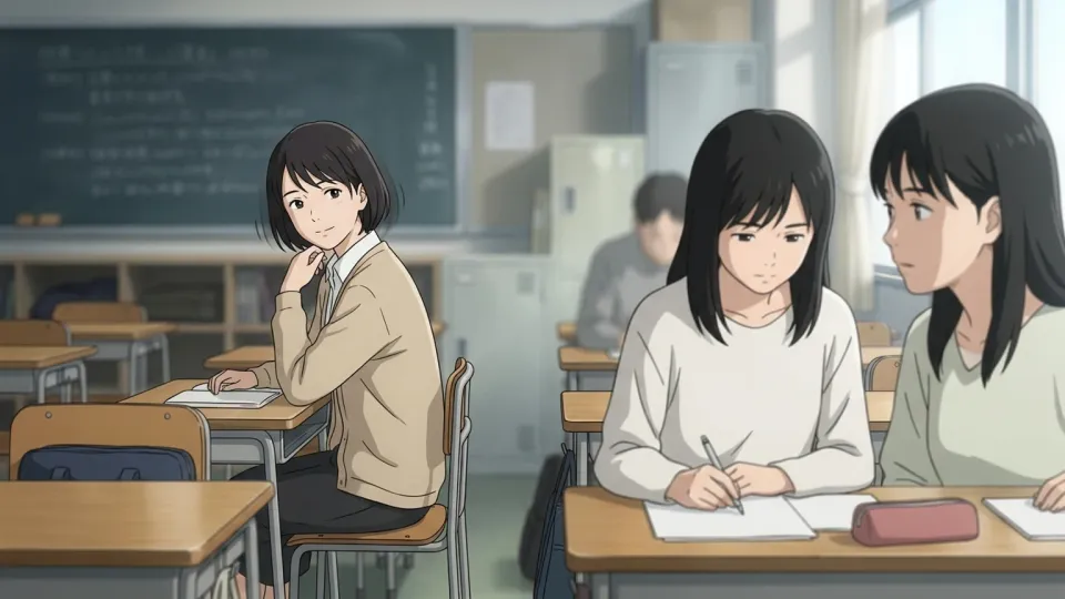女性が部屋の離れたところから控えめにうなずく様子