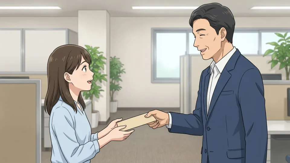 上司が従業員に自由裁量のボーナスを渡している様子
