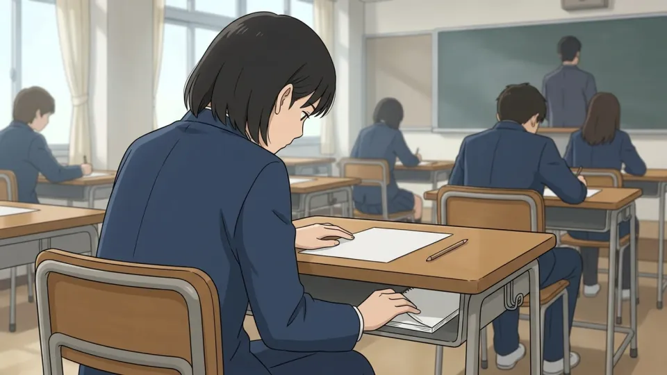 試験中に隠しノートを見る学生