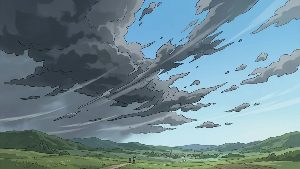 強い風によって黒い雲が空一面に散らばっていく光景