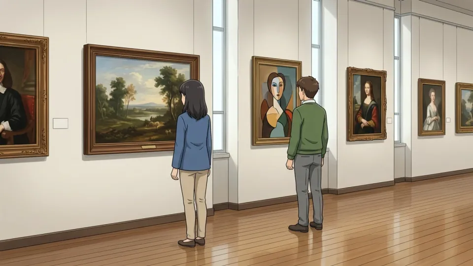 美術館で絵画を展示する様子