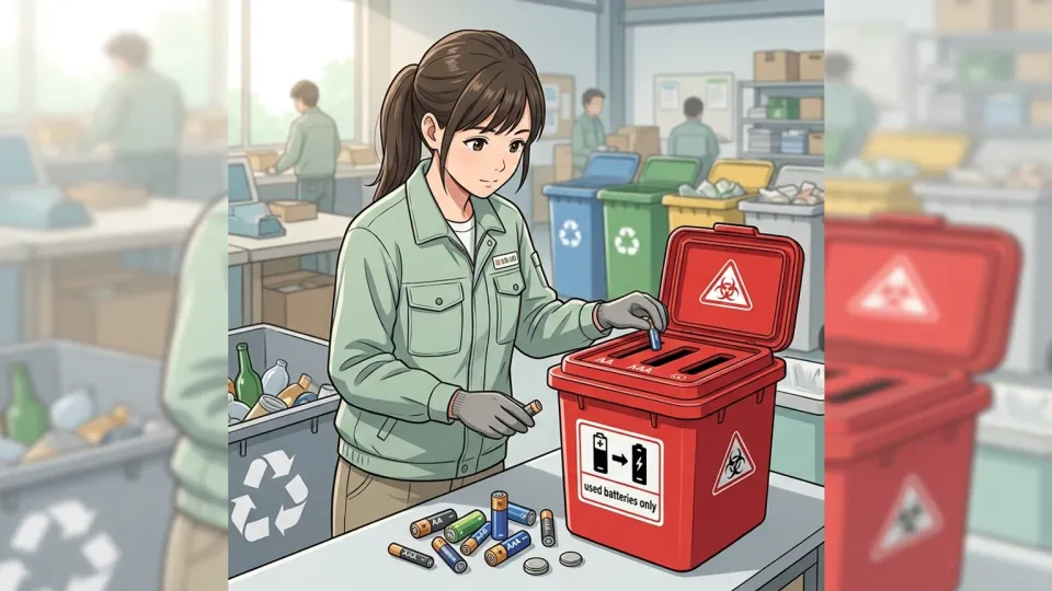 回収場所で担当者が使用済み電池を専用の安全廃棄容器に分別している様子
